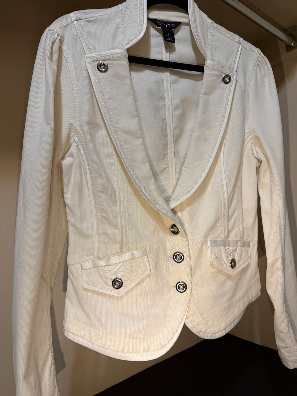 WHBM Cream Corduroy Jacket Satin Trim Military Style Sz 8